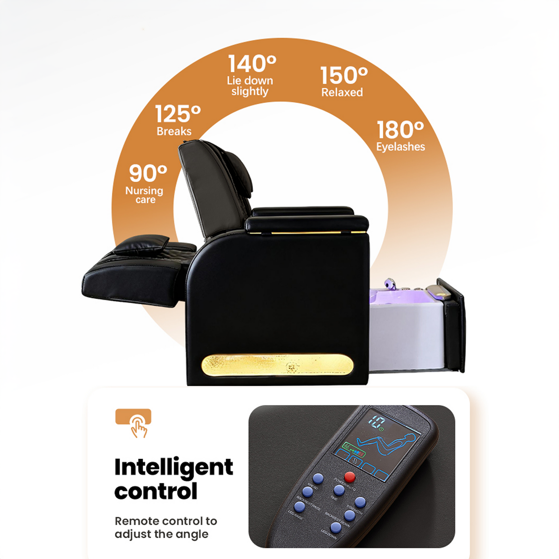 Black massage chair with adjustable angles and remote control on a white background