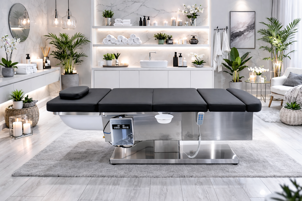 Lifestyle image of the SSW M35 Electric Japanese Head Spa Massage Bed fully extended