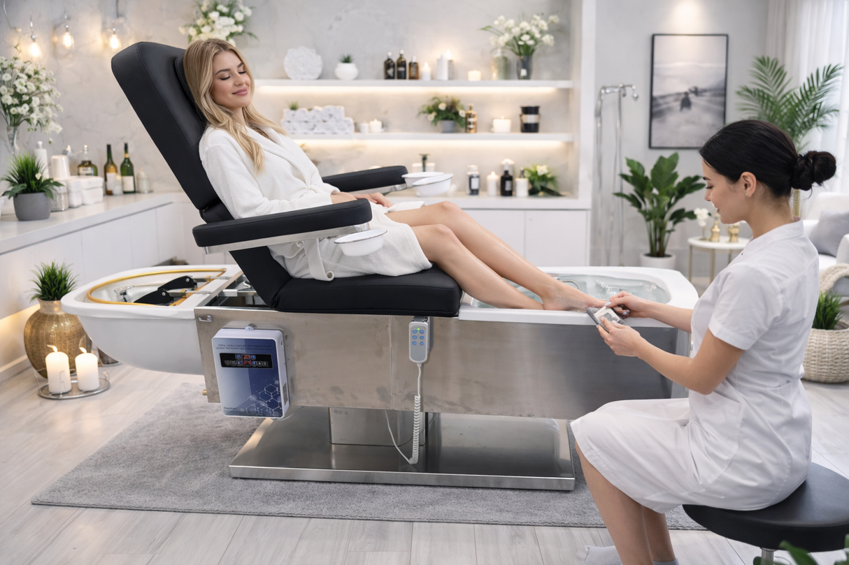 Model receiving treatment on the SSW M35 Electric Japanese Head Spa Massage Bed