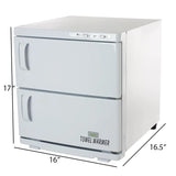 The image shows dimensions of the SSW MS-4048A Double Door Towel Warmer.