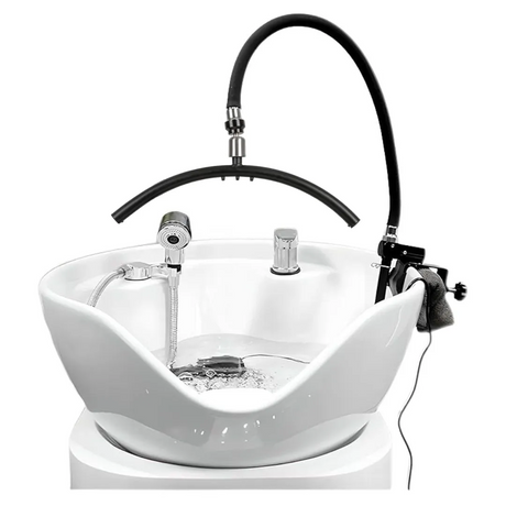 Lifestyle image of the clamp-on SSW Raincloud Halo Head Spa Conversion Kit