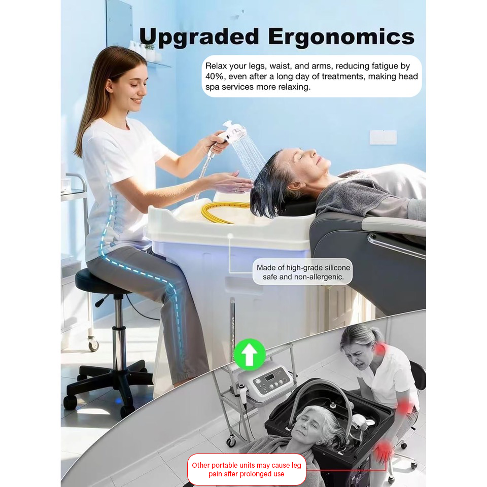 Woman receiving a hair treatment in a modern spa setting with text about upgraded ergonomics.
