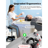 Woman receiving a hair treatment in a modern spa setting with text about upgraded ergonomics.