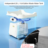 Integrated 25 L/6.6 Gallon Waste Water Tank with clear water display on a blue background