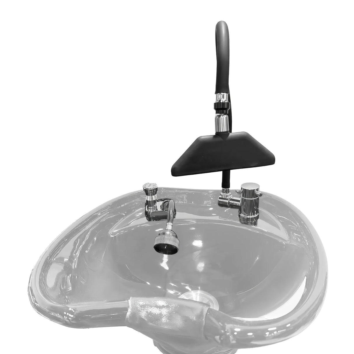 Image of the SSW Waterfall Head Spa Attachment Kit setup on a shampoo bowl. 