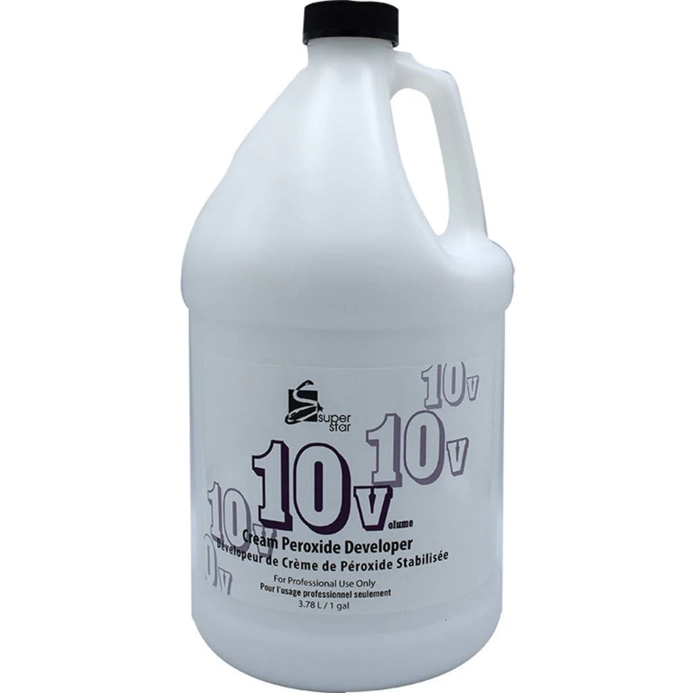 Image of the 1-gallon bottle of Super Star 10 Volume Cream Peroxide Developer. 