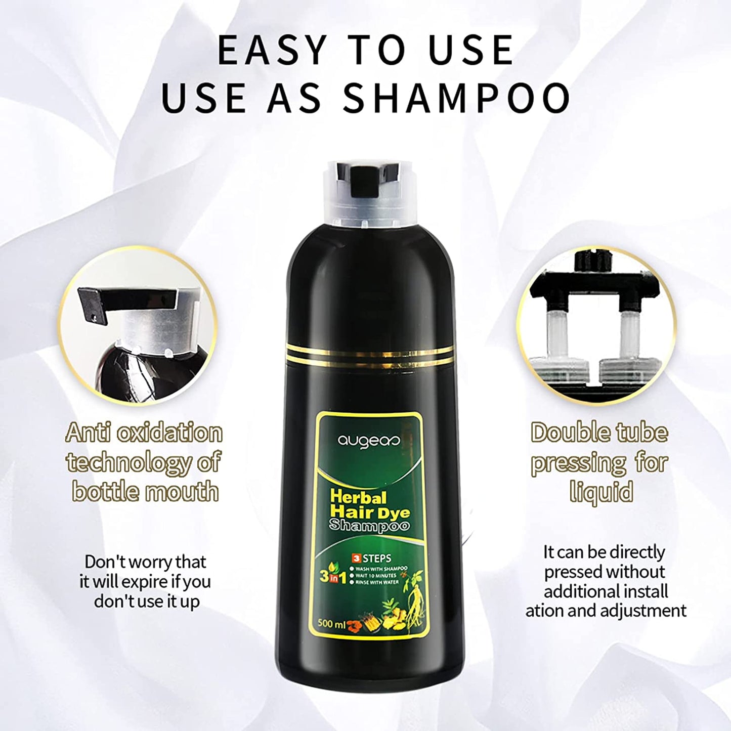 Black Hair Color Shampoo 3 in 1 | 500ml / 16.9 Fl Oz | Herbal Ingredients | Instant 100% Grey Hair Coverage | AUGEAS Hair Color AUGEAS 