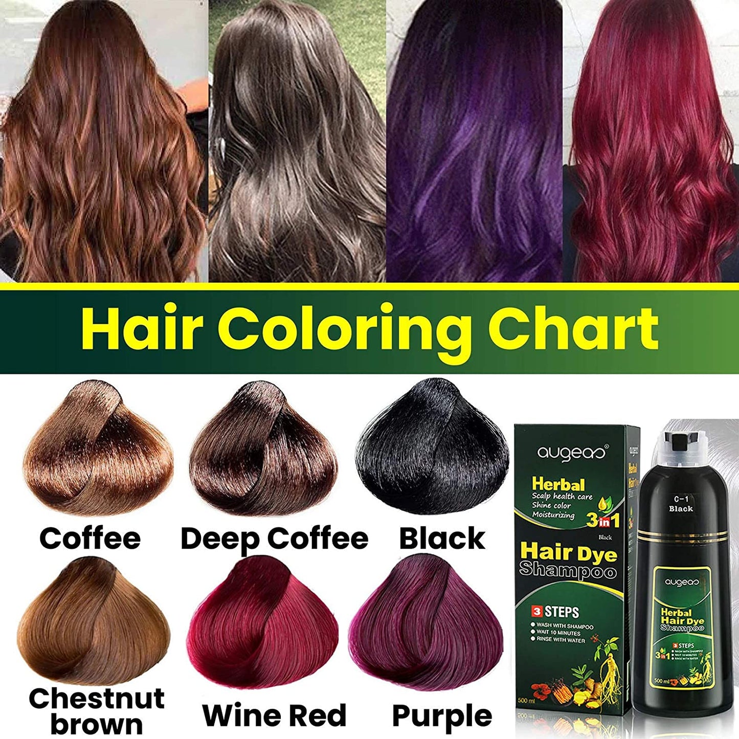 Black Hair Color Shampoo 3 in 1 | 500ml / 16.9 Fl Oz | Herbal Ingredients | Instant 100% Grey Hair Coverage | AUGEAS Hair Color AUGEAS 