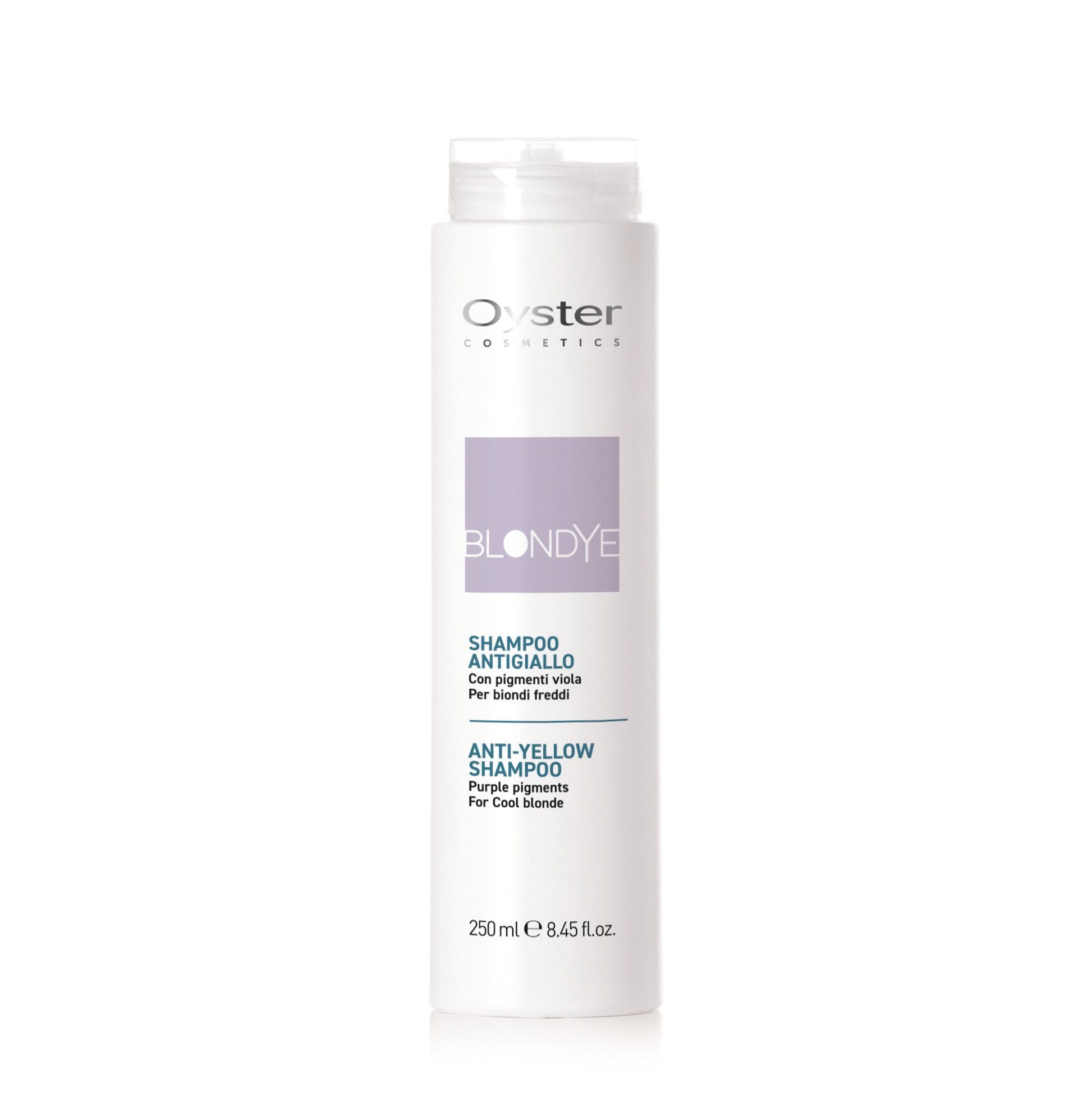 Image of the 250 milliliter bottle of Blondye by Perlacolor Anti-Yellow Shampoo. 