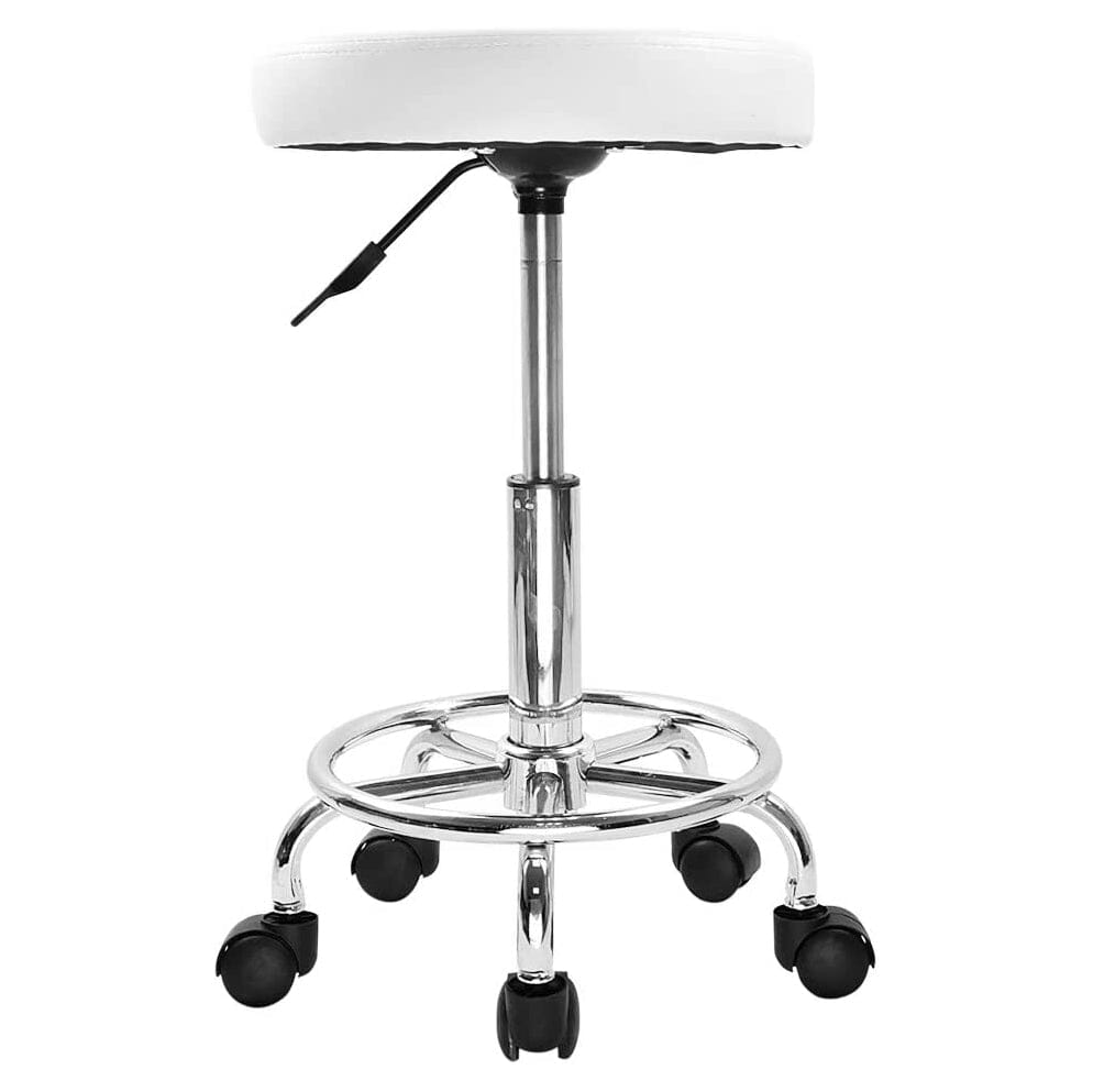 DK-98016 | Leather Round Rolling Stool with Foot Rest | Swivel Height Adjustment STOOL SSW White 