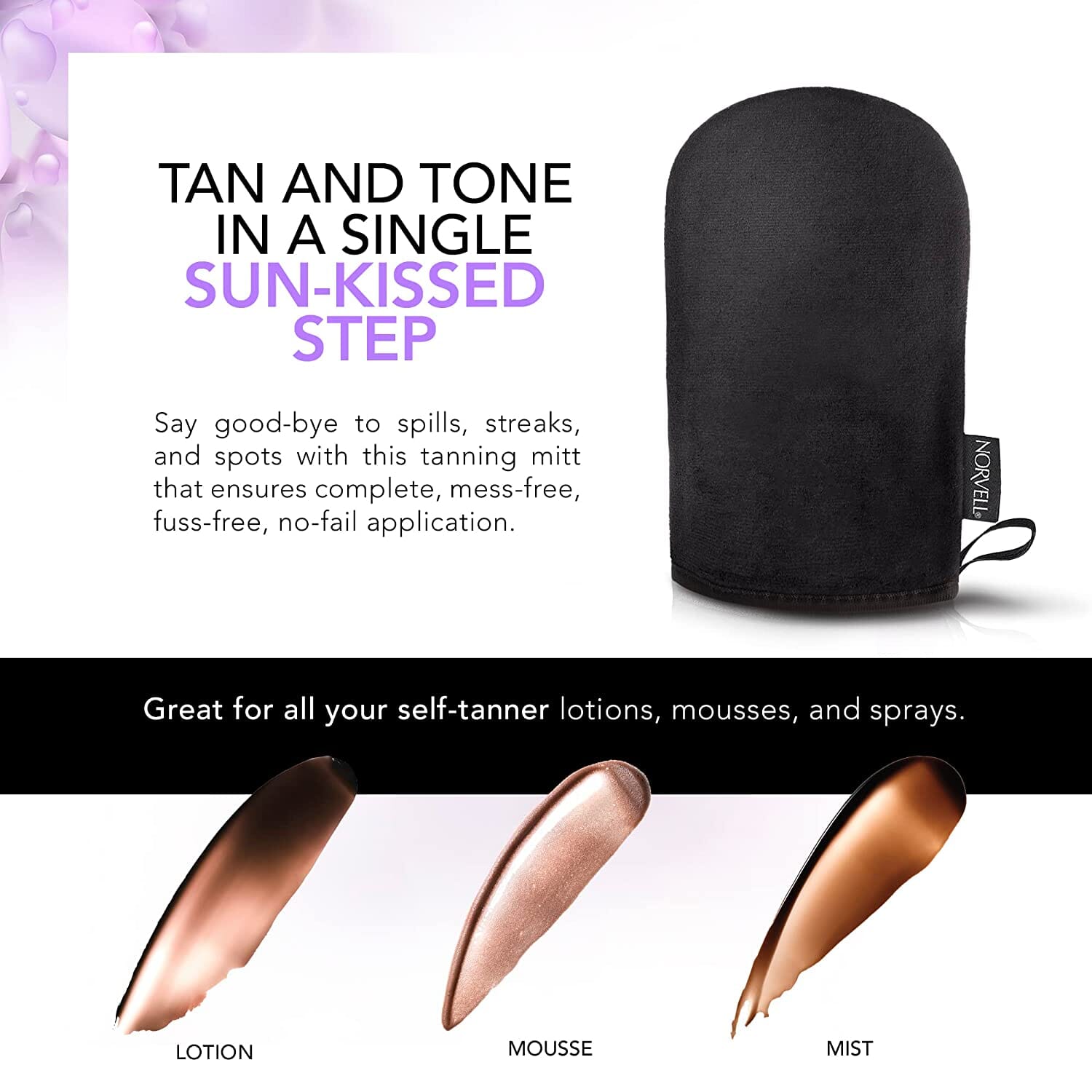 Norvell Self Tanning Applicator Mitt can be used with lotions, mousses, and mists. 