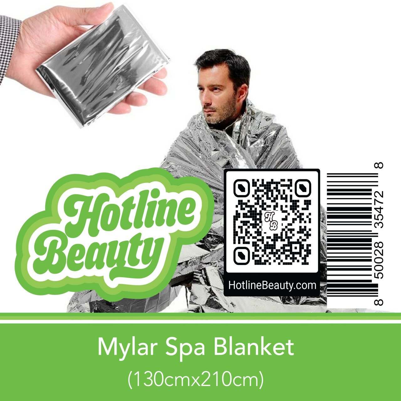 NudeU Mylar Spa Blanket measuring 130x210cm—single-use, reflective thermal blanket ideal for professional body wraps and spa treatments.